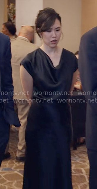 Nicole’s black cowl neck top and skirt set on The Paper