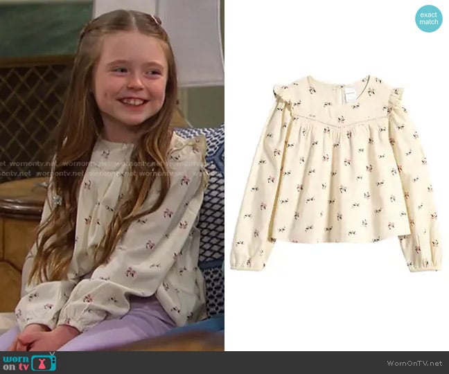 Nordstrom Kids' Lace Trim Ruffle Top in Ivory Egret Daisy Tile worn by  Charlotte DiMera (Oakley Rondou) on Days of our Lives