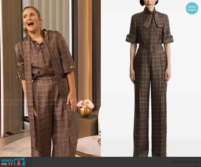 Oscar de la Renta Prince of Wales check tie-neck blouse worn by Drew Barrymore on The Drew Barrymore Show