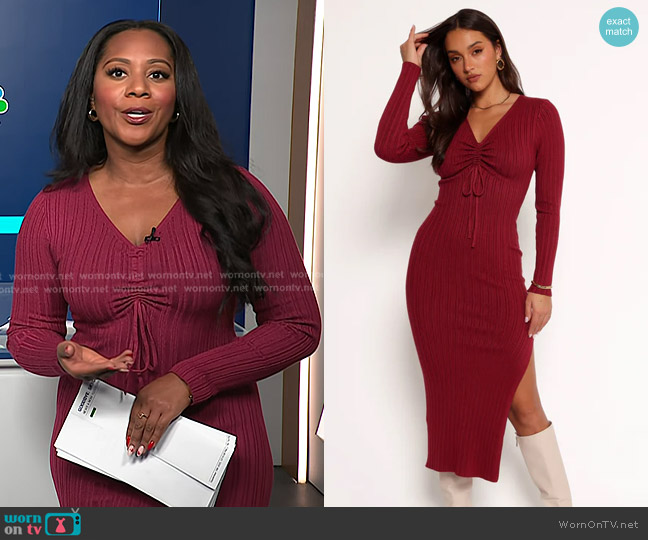 Petal & Pup Irene Long Sleeve Midi Dress in Wine worn by Kay Angrum on NBC News Daily