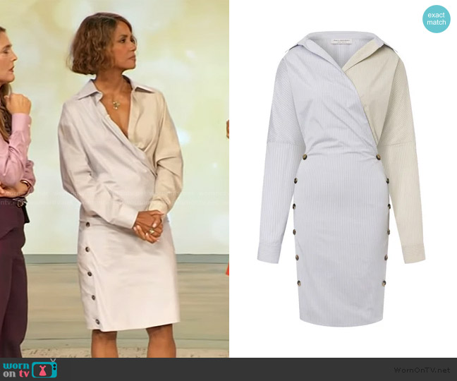 Philosophy di Lorenzo Pinstripe Wrap Dress worn by Halle Berry on The Drew Barrymore Show