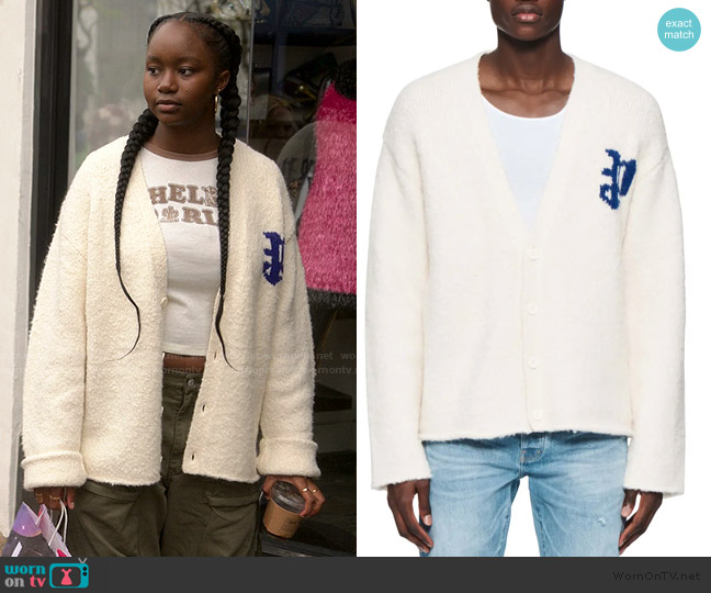 Purple Brand Logo Knit V-Neck Cardigan worn by Naima Stewart (Aderinsola Olabode) on Reasonable Doubt
