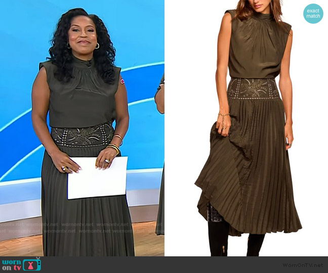 Ramy Brook Kimberly Embroidered Pleated Midi-Dress worn by Sheinelle Jones on Today