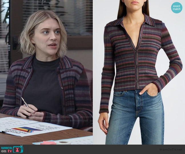 Re/Done Rib Wool Polo Cardigan in Lavender Combo worn by Mare Pritti (Chelsea Frei) on The Paper