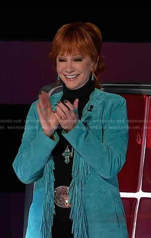 Reba’s turquoise fringed suede jacket on The Voice