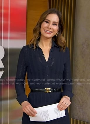 Rebecca’s navy knit shirt and skirt on Good Morning America