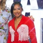 Jordan Chiles’s red pearl embellished blazer and shorts on Good Morning America