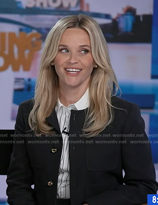 Reese Witherspoon’s black knot button jacket on Good Morning America