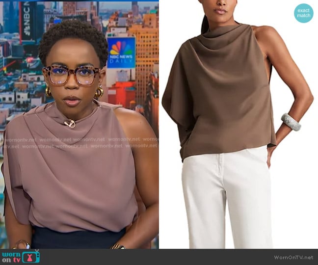Reiss Elle One Shoulder Drape Top in Mink worn by Zinhle Essamuah on NBC News Daily