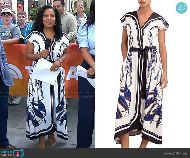 Reiss Gemma Scarf Print Dress in Blue Brown worn by Sheinelle Jones on Today