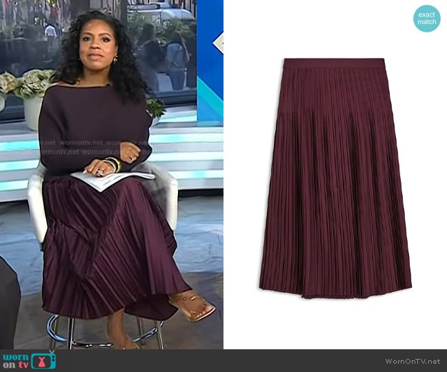 Reiss Savannah Pleated Midi Skirt in Burgundy worn by Sheinelle Jones on Today