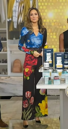 Rhiannon’s black floral print jumpsuit on Good Morning America