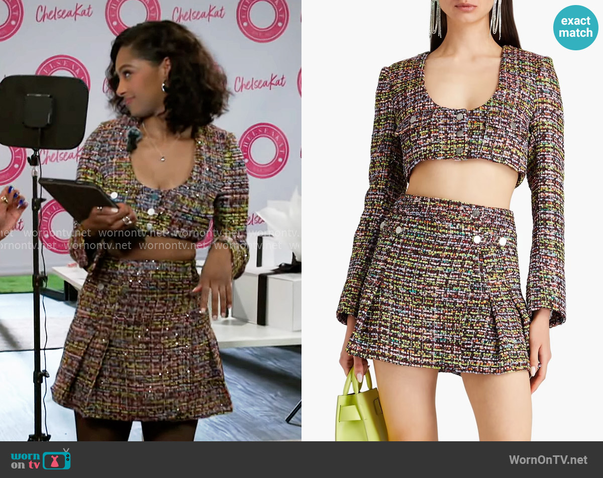 Rotate Birger Christensen Cropped cutout bouclé-tweed jacket worn by Kat Richardson (Colby Muhammad) on Beyond the Gates