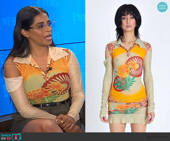 Ru by Rupal Marigold Mesh Collared Top worn by Lily Singh on E! News