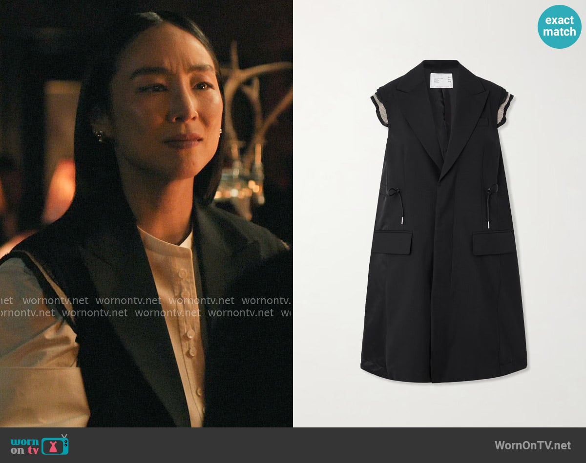 Sacai Canvas-trimmed grain de poudre and shell vest worn by Stella Bak (Greta Lee) on The Morning Show