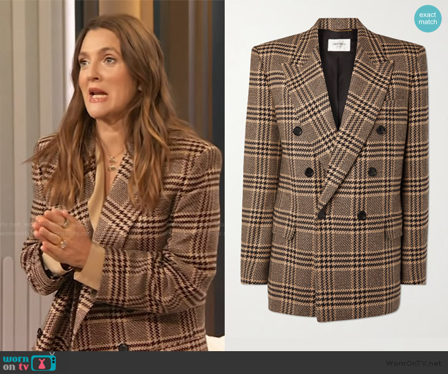 Saint Laurent Double-breasted checked silk and cashmere-blend blazer worn by Drew Barrymore on The Drew Barrymore Show