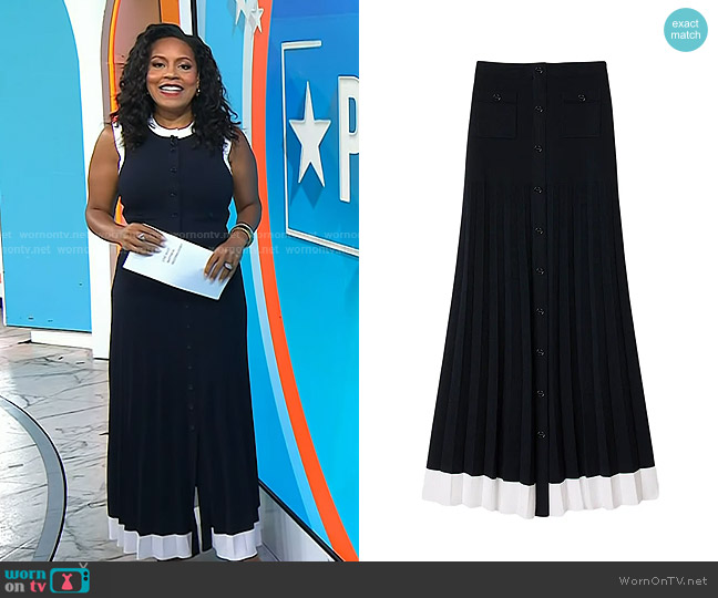 Sandro Long Two-Tone Knit Skirt in Navy Blue worn by Sheinelle Jones on Today