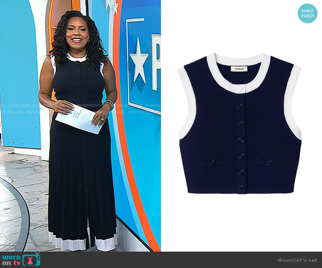 Sandro Two-Tone Cropped Cardigan in Navy Blue worn by Sheinelle Jones on Today