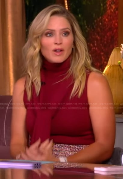 Sara’s tie neck top and tweed skirt on The View