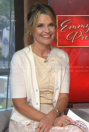 Savannah’s beige ruched top and floral lace skirt on Today
