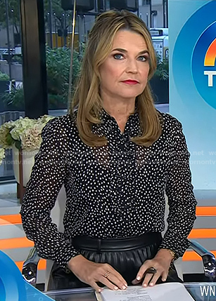 Savannah’s black polka dot ruffle blouse and pleated skirt on Today