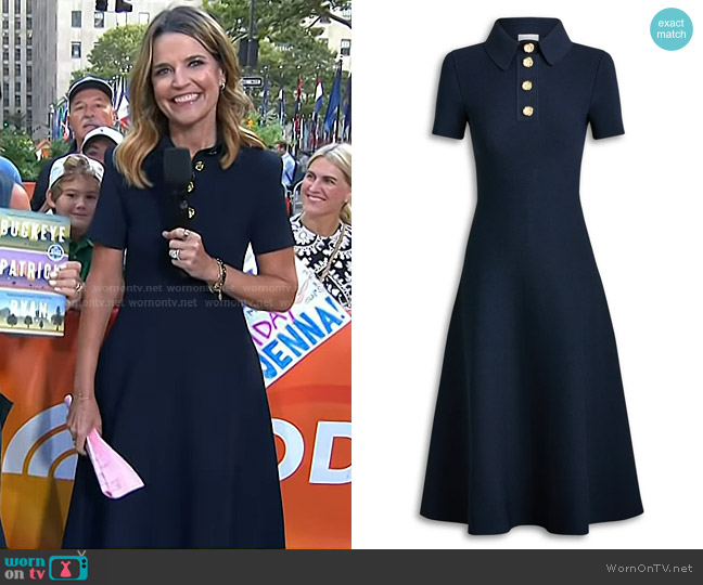 Scanlan Theodore Crepe Knit Poppy Shirt Dress in Navy worn by Savannah Guthrie on Today