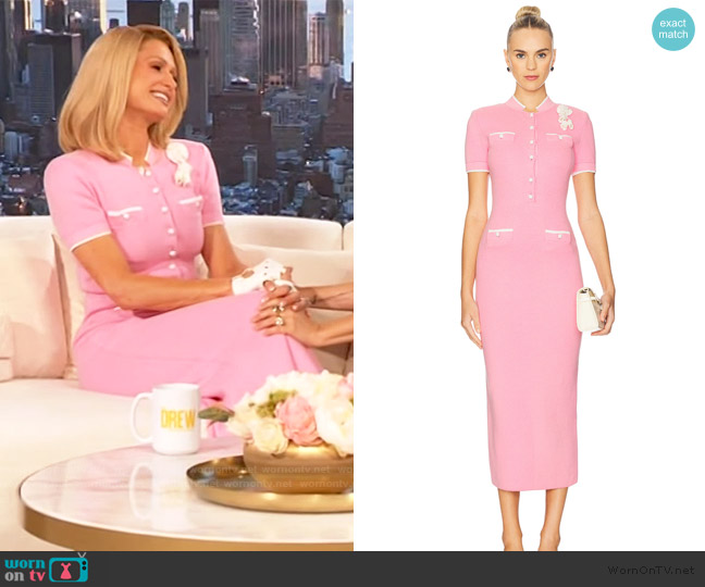 Self Portrait Pink Crochet Flower Knit Midi Dress worn by Paris Hilton on The Drew Barrymore Show