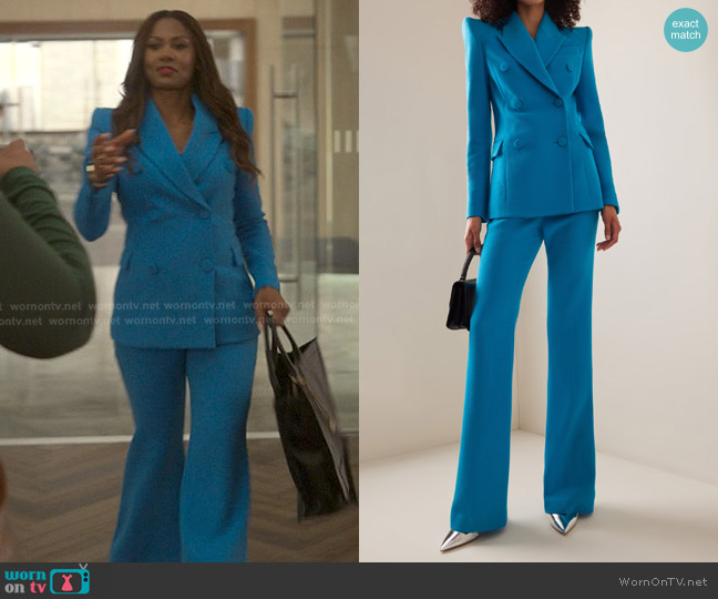Sergio Hudson Double-Breasted Wool Crepe Blazer Jacket in Blue worn by Jax Stewart (Emayatzy Corinealdi) on Reasonable Doubt