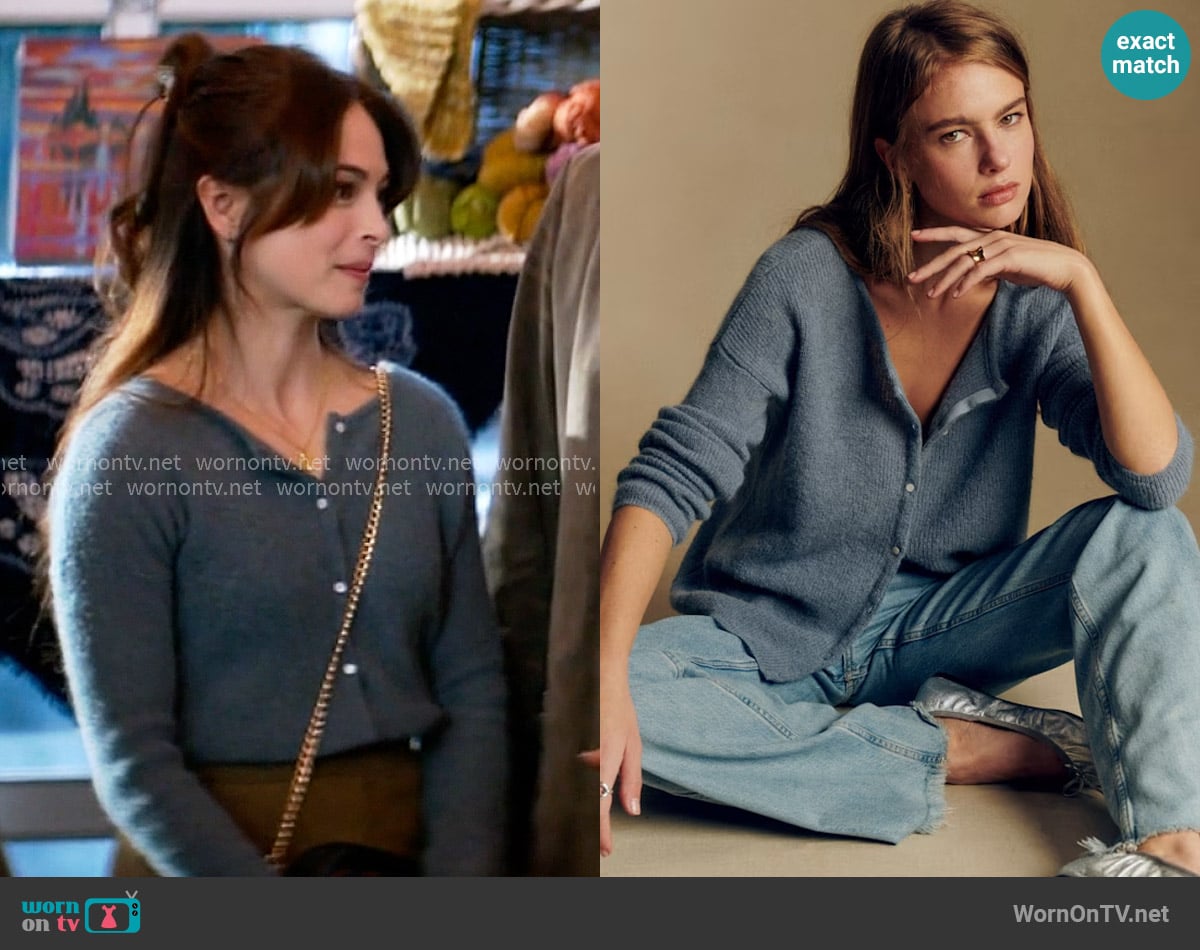 Sezane Gaspard Cardigan in Vintage Blue worn by Cassandra Lee (Kristin Kreuk) on Murder in a Small Town