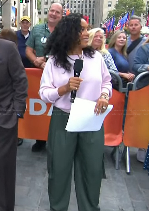 Sheinelle’s green cargo pants and pink sweater on Today