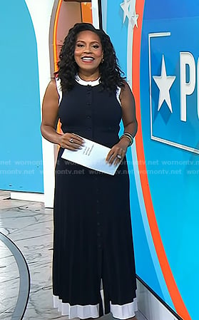Sheinelle’s navy top and pleated maxi skirt on Today