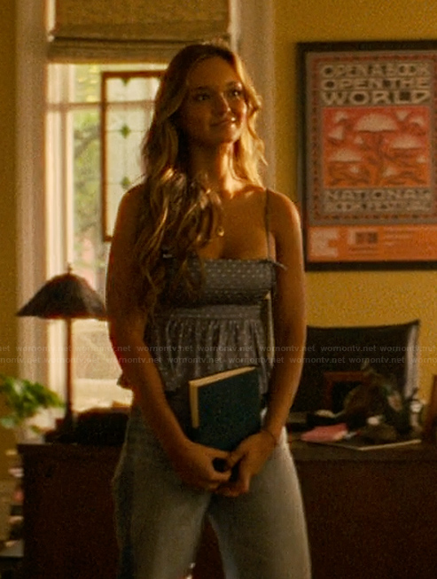 Sophia’s blue polka dot print top on The Runarounds