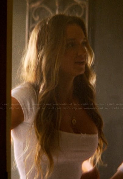 Sophia’s white square neck top on The Runarounds