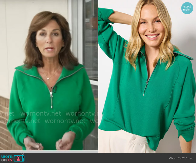 Spanx AirEssentials Half Zip in Field Green worn by Janet Shamlian on CBS Mornings