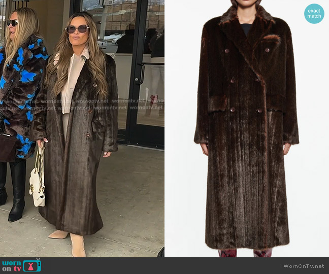 Stand Studio Lidya Faux Fur Coat in Dark Brown worn by Britani Bateman on The Real Housewives of Salt Lake City