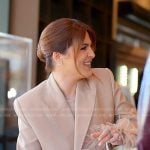 Stephanie’s beige feather trim blazer and pants on The Real Housewives of Miami