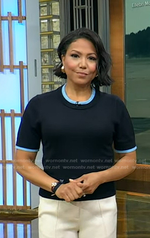 Stephanie’s navy contrast trim top on Good Morning America