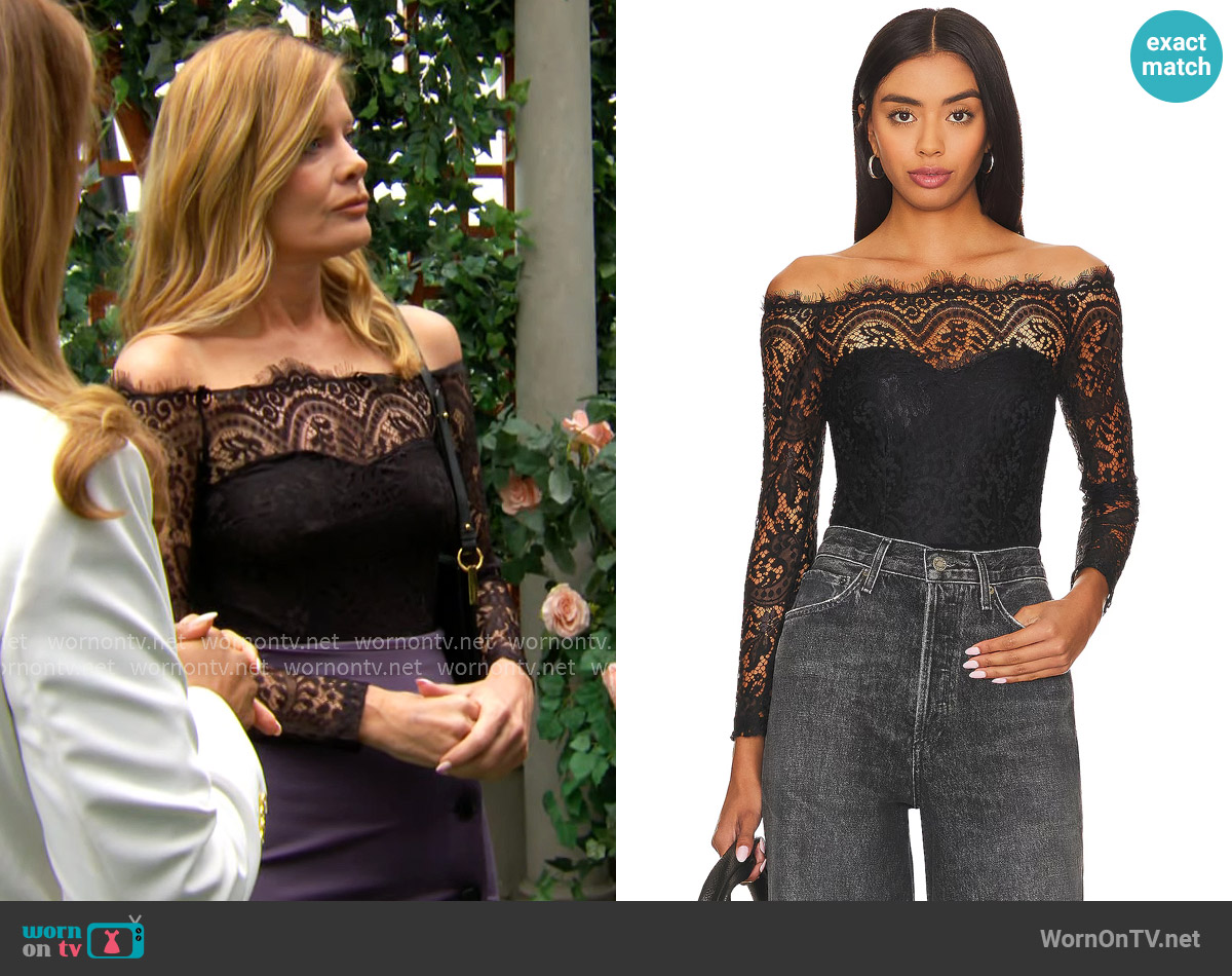 Superdown Rivka Off Shoulder Bodysuit worn by Phyllis Summers (Michelle Stafford) on The Young and the Restless