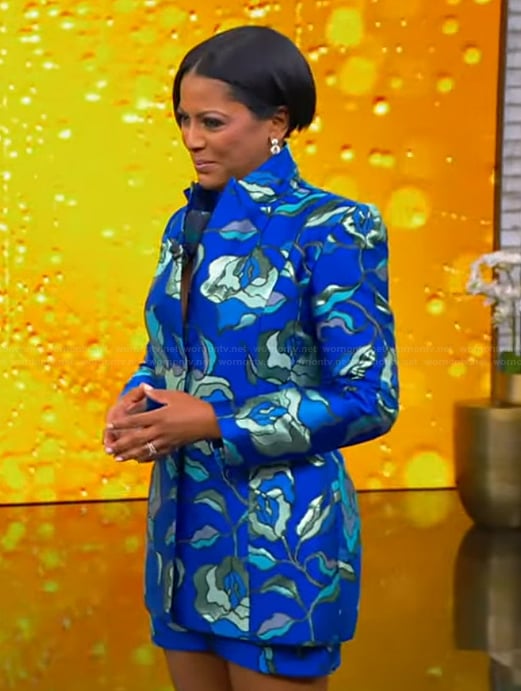 Tamron’s blue floral print blazer and shorts on Tamron Hall Show