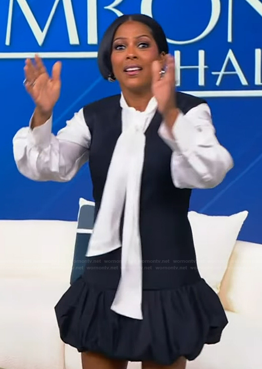 Tamron’s navy bubble dress on Tamron Hall Show