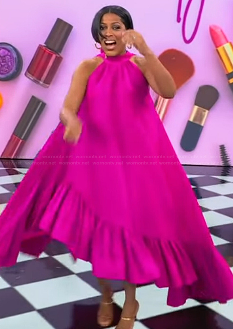 Tamron’s pink halter neck dress on Tamron Hall Show