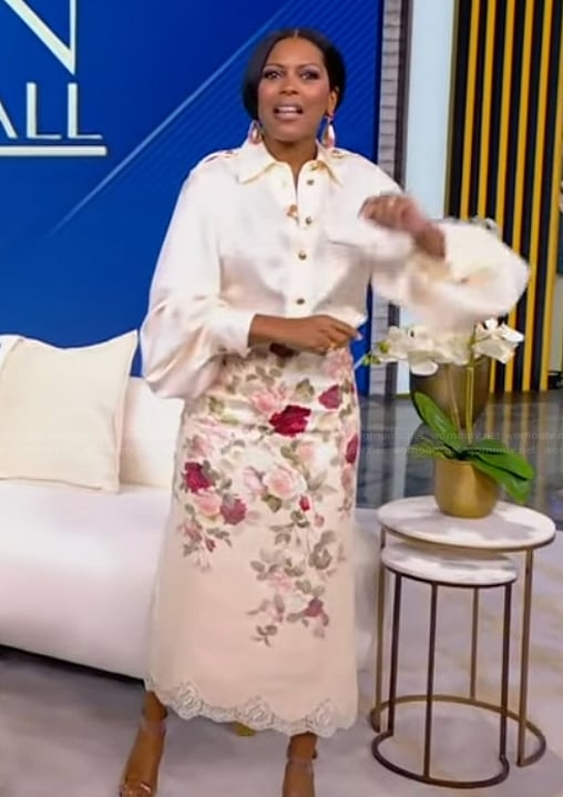 Tamron’s utility blouse and lace skirt on Tamron Hall Show