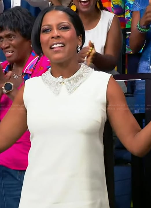 Tamron’s white embellished collar mini dress on Tamron Hall Show