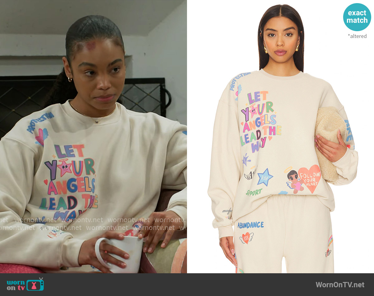The Mayfair Group Angels All Around You Crewneck worn by Chelsea Hamilton (RhonniRose Mantilla) on Beyond the Gates