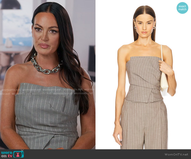The Sei Wrap Bustier Top in Pinstripe worn by Lisa Barlow on The Real Housewives of Salt Lake City