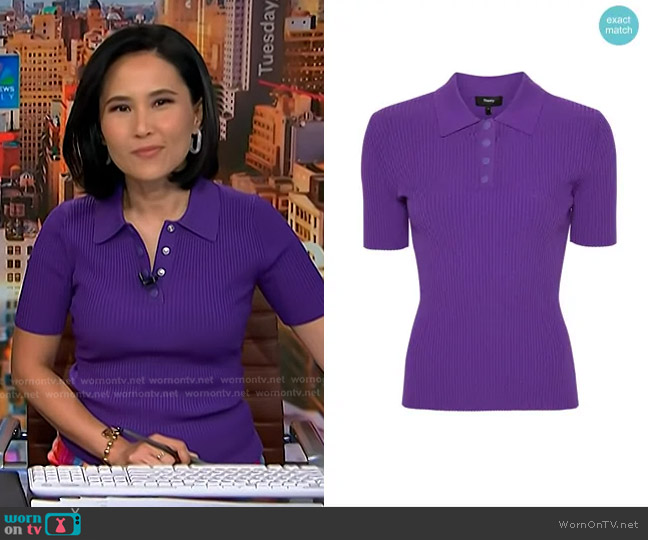 Theory Ribbed Compact Crepe Short-sleeve Polo Shirt in Bright Peony worn by Vicky Nguyen on NBC News Daily