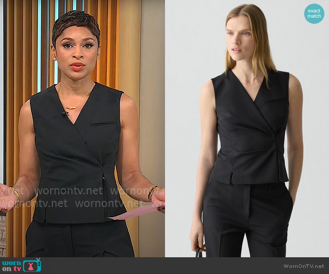 Theory Wrap Vest in Good Wool worn by Jericka Duncan on CBS Mornings