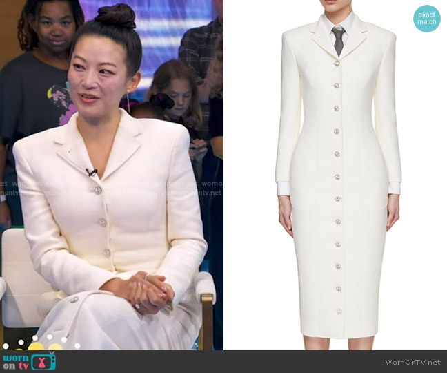 Thom Browne Wool Crepe Moulded Shoulder Maxi Dress worn by Arden Cho on Good Morning America