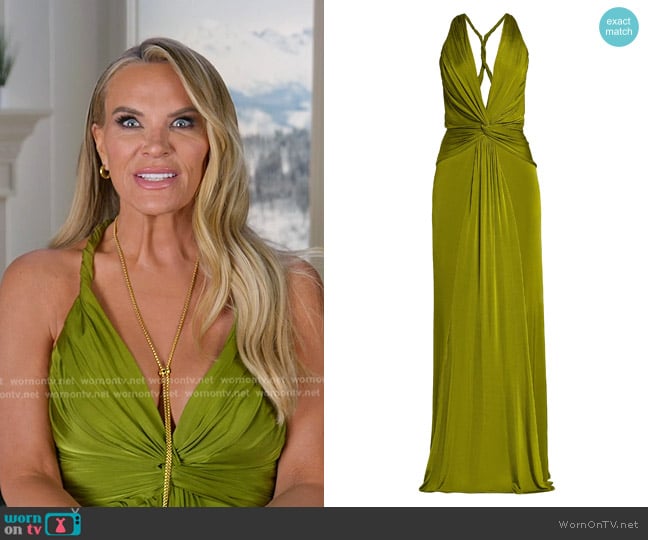 Tom Ford Fluid Knitted Stretch Jersey V-Neck Gown in Vivid Chartreuse worn by Heather Gay on The Real Housewives of Salt Lake City