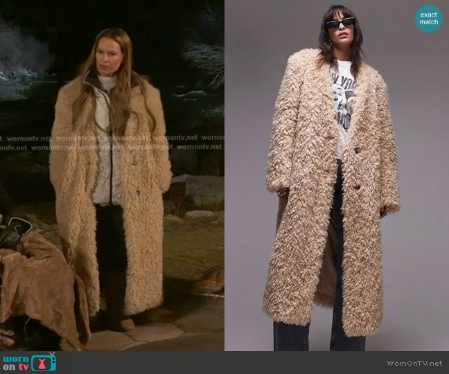 Topshop Faux Fur Collarless Long Coat in Honey-brown worn by Britani Bateman on The Real Housewives of Salt Lake City